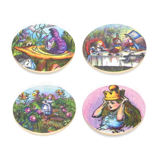NoMonet Alice in Wonderland Drink Coasters Set - Featuring Alice, Caterpillar, Mad Hatter, and Talking Flowers - Cork Backing and Iron Frame - Gift Ready