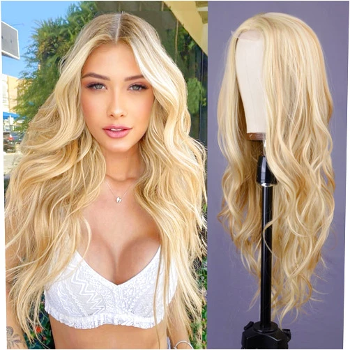 Aida ble Mixed Blonde Long Wave Wig for Women -26inch Middle Part Long Curly Wig Heat Resistant Synthetic Hair Looking Natural, Fiber Wig for Daily Party Use