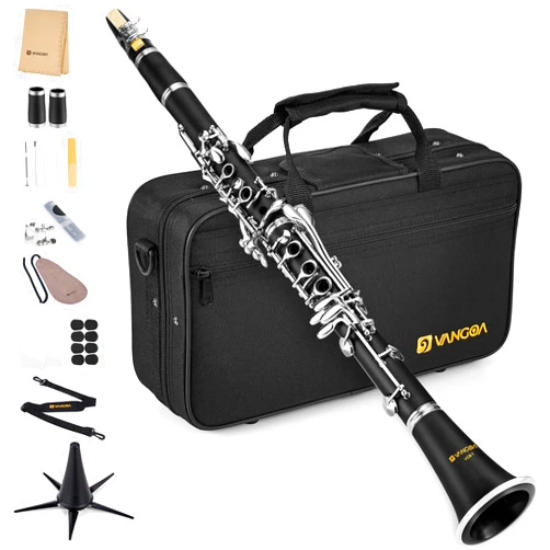 Vangoa Bb Clarinet, B Flat Beginner Student Clarinet Bb Nickel-Plated for School Band Orchestra adult kid with Hard Case, Stand, Cleaning Kit, Barrels, Gloves, Strap, Pads, Reeds