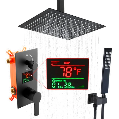 SKOWLL SKWOLL Matte Black Shower Faucet Set Rain Shower Head Digital Shower System 12 Inch Ceiling Mount Shower Head with 2 Function LCD Display Valve Kit