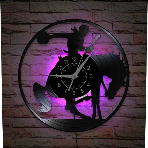TIMEGLOW Western Cowboy Wall Clock, 7 Colors Luminous 12 Inch Horse Riding Wall Clock, Silent Quartz Non Ticking Vintage Decorative Vinyl Record Night Light Wall Clock for Man Cave Living Room Bedroom