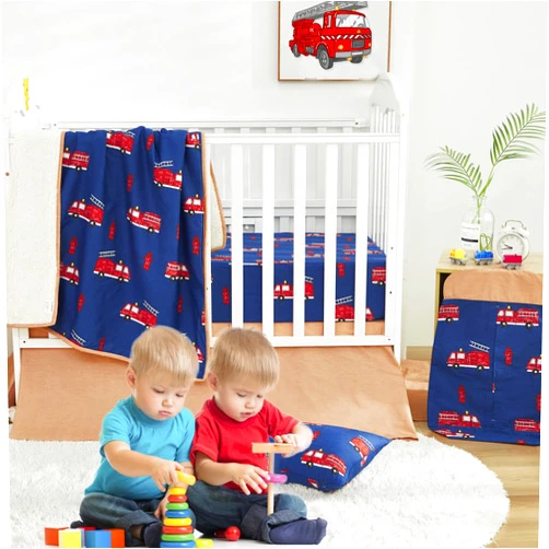Brandream Fire Truck 3 Pieces Baby Crib Bedding Sets for Boys, 100% Cotton, Red Blue Nursery Set