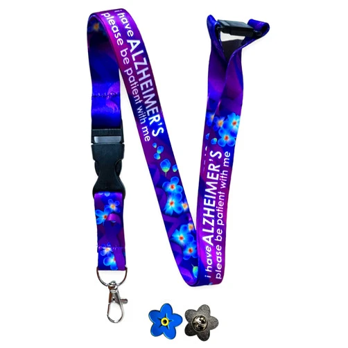 PAC Supplies Global Ltd Alzheimer's/Dementia Forget Me Not Flower Lanyard - I Have Alzheimers - Please Be Patient with Me & Matching Forget Me Not Pin Badge