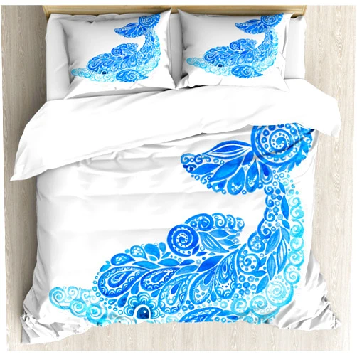 Lunarable Dolphin Duvet Cover Set, Ornamental Dolphin with Swirly Flower Paisley Watercolors, Decorative 3 Piece Bedding Set with 2 Pillow Shams, Queen Size, Sky Blue