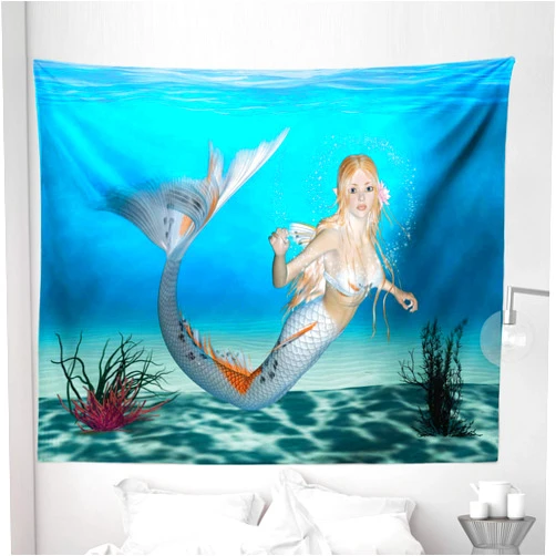 Ambesonne Mermaid Tapestry King Size, Graphic of a Mermaid in Tropical Ocean Creature, Wall Hanging Bedspread Bed Cover Wall Decor, 104