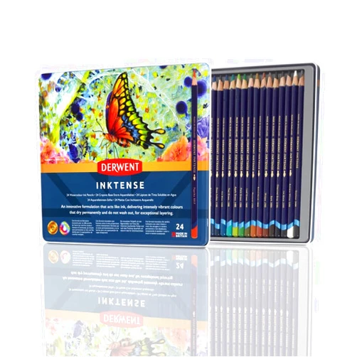Derwent Inktense Pencils Tin, Set of 24, Great for Holiday Gifts, 4mm Round Core, Firm Texture, Watersoluble, Ideal for Watercolor, Drawing, Coloring and Painting on Paper and Fabric (0700929)