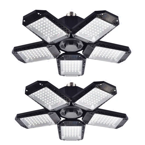 Mefflypee 2 Pack LED Garage Lights, 120W Deformable LED Garage Ceiling Lights with 5 Adjustable Panels, 12000LM E26 LED Shop Lights for Garage, Basement, Barn, High Bay Light (2 Pack)