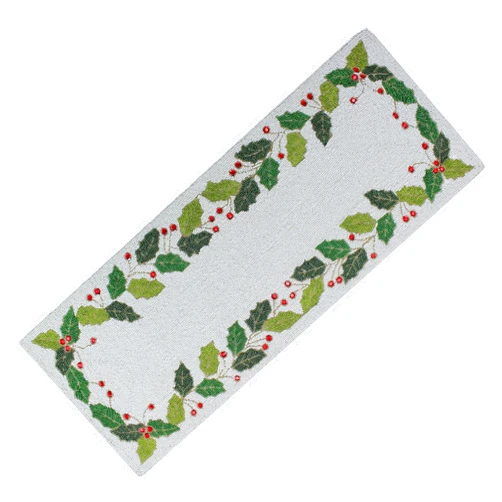 COTTON CRAFT Christmas Beaded Table Runner - Holly Leaves - Xmas Holiday Harvest Autumn Fall Thanksgiving Celebration Festive Party Handmade Kitchen Dining Tabletop Décor Tablerunner -13x36- Red Green