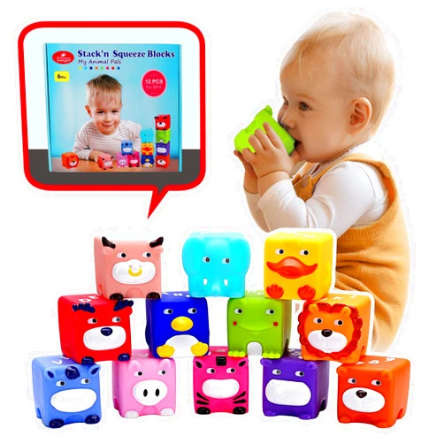 Beeqoo Soft Baby Blocks – Stacking & Building Toys for Babies and Toddlers –12 Pcs No Hole Squeeze Animal Blocks – Sensory Teething Toys for Infant 6 Months+