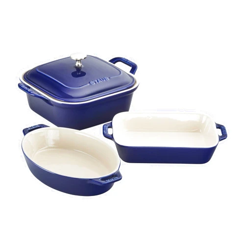 STAUB Ceramic 4-pc Baking Pans Set, Casserole Dish with Lid, Brownie Pan, Dark Blue