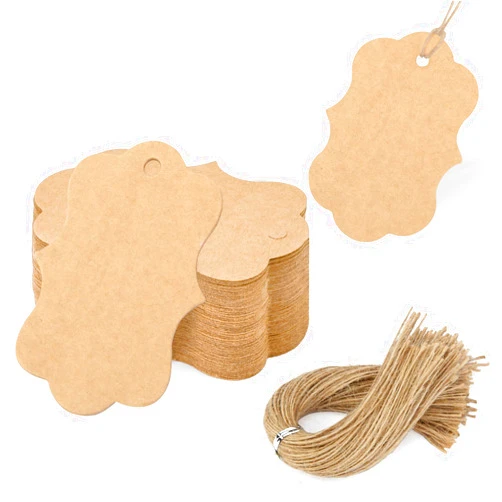SallyFashion 100PCS Kraft Paper Gift Tags, Blank Gift Bag Tags with String Brown Hanging Price Tags for Wedding DIY Crafts Gifts