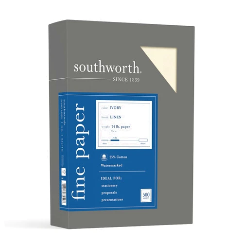 Southworth FSC Certified 55% Recycled 25% Cotton Linen Business Paper, 8 1/2in. x 11in., 24 Lb, Ivory, Box Of 500, 564C