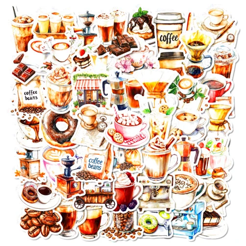 Icicrim 50PCS Coffee Stickers for Water Bottles Cups Scrapbooking Journaling, Icicrim Cute Cafe Stickers Waterproof Vinyl Vintage Decals for Adults Teens Aesthetic Cartoon Stickers