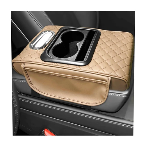 JNXIJ Car Center Console Armrest Pillow, 5-in-1 Armrest Cover with 2 Storage Bags Tissue Box Cup & Phone Holder, Comfy Arm Rest Cushion Leather Vehicle Middle Console Organizer (Beige, Embroidered)