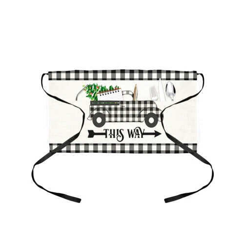 RisQiten Christmas Truck Waitress Apron for Women/Men with 3 Pockets, Black White Plaid Xmas Tree Server Aprons Waterproof Kitchen Cooking Half Waist Apron
