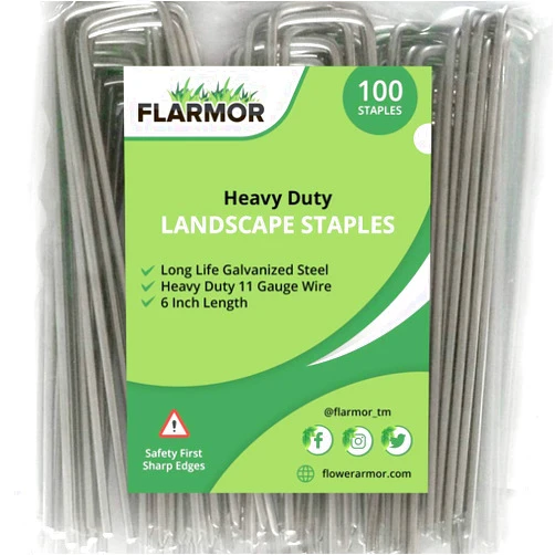 FLARMOR 100-Pack 6'' 11 Gauge Heavy Duty U-Shaped Landscape Staples - Landscape Stakes, Garden Staples, Landscape Pins for Weed Barrier, Fabric, Netting, Irrigation Hoses, Ground Mat