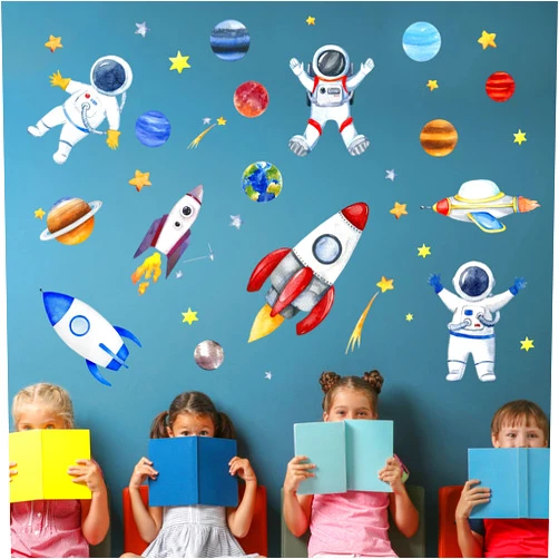 Yovkky Space Astronaut Spacecraft Wall Decal, Galaxy Solar System Planet Peel Stick Sticker Watercolor Rocket Cosmonaut Spaceship Star Nursery Decor, Home Play Room Decoration Kid Boy Bedroom Art Gift