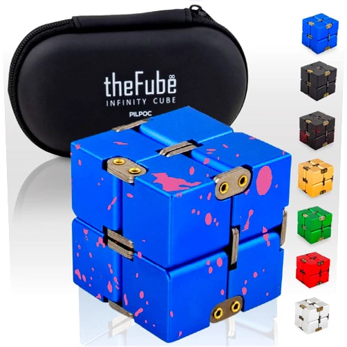 PILPOC theFube Infinity Cube Fidget Desk Toy - Aluminum Infinite Magic Cube with Case, Sturdy, Heavy, Relieve Stress and Anxiety, for ADD, ADHD, OCD (Blue Pink)