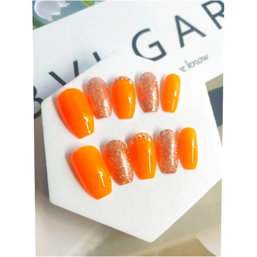 FADOORA Handmade Press On Nails Short Ballerina Hot Orange Nails Press Ons Salon Quality Reusable 10PCS (S)
