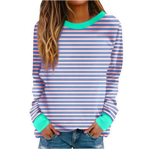 Generic Long Sleeve T Shirts for Women Crewneck Causal Striped Blouse Tops Fall Fashion Vacation Pullover Ladies Clothes 2024