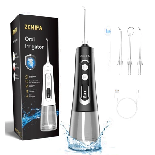 ZENIFA Water Flosser with 9 Modes, Digital Display, Rechargeable Battery, Portable Oral Irrigator, IPX7 Water Proof, Black