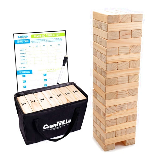 Giantville Giant Tumbling Timber Toy - Premium Pine Wood Life-Size Blocks Tower - Big Floor/Board Indoor/Outdoor Yard Game for Kids & Adults - 56-Pieces + Carry/Storage Bag - Grows to Over 4-Feet