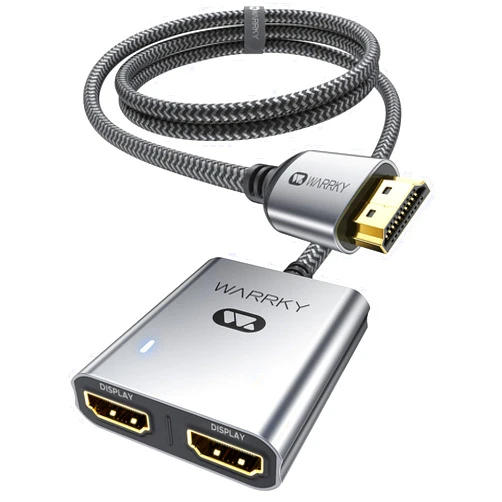 Warrky HDMI Splitter 4K, 1x2 HDMI Display Duplicate/Mirror, WARRKY HDMI Splitter 1 in 2 Out [Metal Shell, 3.3 Ft Braided HDMI Cable, LED Indicators], USB-C Powered Splitter, Grey-4K UHD