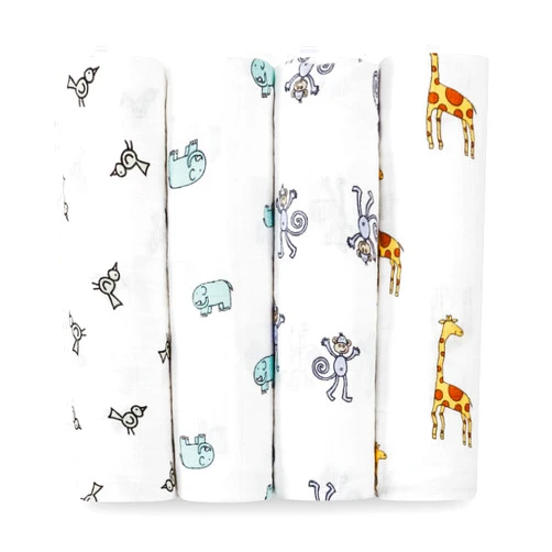aden + anais Boutique Muslin Swaddle Blanket for Baby Girls and Boys, Newborn Receiving Blanket for Swaddling, 100% Muslin Cotton Swaddle Wrap, 4 Pack, Jungle Jam