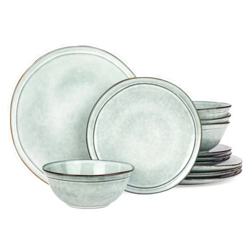 Famiware Aegean Dinnerware Set for 4, Plates and Bowls Sets, 12-Piece Stoneware Scratch Resistant Dinner Set, Handmade Irregular Round Dishes, Microwave and Dishwasher Safe, Light Blue