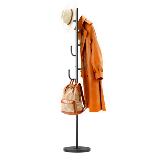 MISSLO Heavy Duty Coat Rack Freestanding 4 Adjustable Size Coat Tree with Stable Wood Base Coat Hanger Stand with 6 Hooks Standing Clothes Tree for Bedroom, Black
