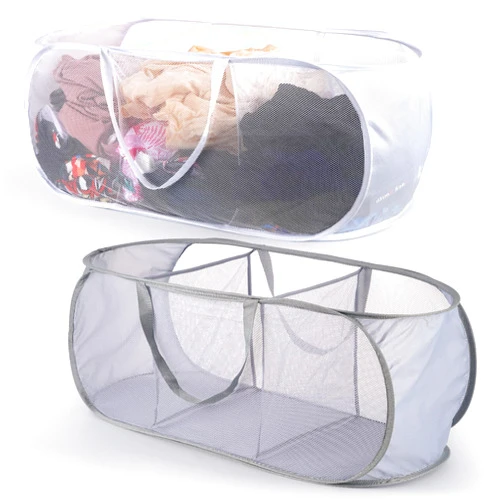 FACULX 2 Pack Collapsible Mesh Laundry Baskets, 3 Compartments Pop Up Laundry Hamper with Handle, Mesh Laundry Hamper for Laundry Room, Bathroom, Kids Room, College Dorm (white and grey)