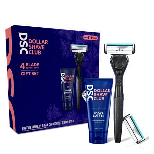 Dollar Shave Club Razor Set, 4-Blade Cartridges, 3oz Shave Butter, Handle & Scissors, Black Gift Box