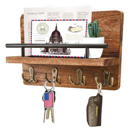 FIORENZA Decorative Mail and Key Holder for Wall, Wooden Mail Organizer with 4 Double Key Hooks, Wood Hanging Mail Sorter with Shelf, 100% Wood Letter, Bill and Newspaper Storage Shelf