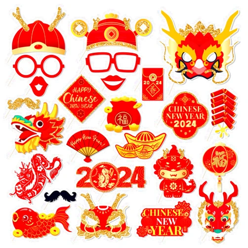 YVAINE 25 Pieces Chinese New Year Photo Booth Props Happy Chinese New Year-2023 Year of The Rabbit Decorations Lunar New Year Spring Festival Photo Props Chinese New Year Decorations