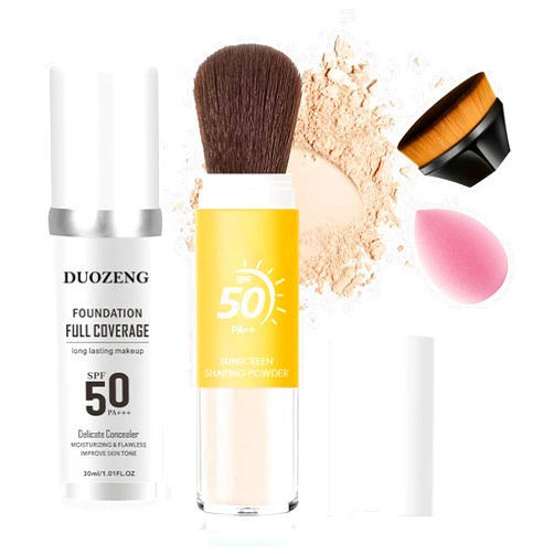 DuoZeng Sunscreen Setting Powder,Color Changing Foundation,Brush Setting Powder Makeup SPF 50 PA++ for All Skin,Moisturizing Loose Face Powder with Sunscreen Brush