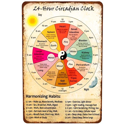 Mocozim Rustic Retro Metal Tin Sign 24 Hour Circadian Clock Poster, Organ Knowledge Wall Art, Chinese Medicine Healthy Art Vintage Home Plaque Poster Gift 8x12inch