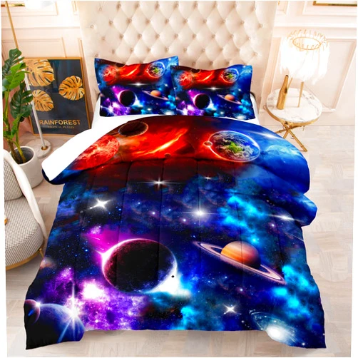 NINENINE Space Bedding Set Full Size for Girls Boys Kids,Purple Galaxy Comforter Set Outer Space Earth Planets Stars Theme Solar Galaxy Bedding System Bed Set with 1 Space Comforter 2 Pillowcases…