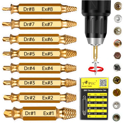 Topec Damaged Screw Extractor Set 8Pcs, HSS 4341 Easy Out Screw Extractor Set, Stripped Screw Extractor for Easy Removal of Stripped, Rusty, Broken Hardware (Gold)