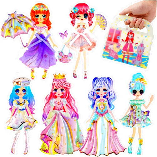 IMNEXT2U Puffy Sticker Dress-Up Princess Double Layer 2 Packs with 1 Stickers Album for Collecting (Fits for 6 inch Photos)- Pink and Purple
