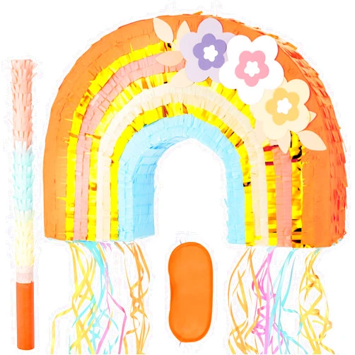 WERNNSAI Rainbow Pinata - Rainbow Pull String Pinata with Bundle with Blindfold and Bat for Girls Kids Piñata Boho Theme Birthday Party Decoration Game for Baby Shower Carnival Summer Party Supplies