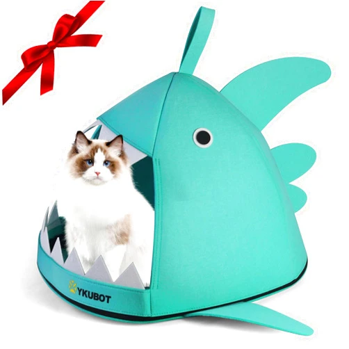 YKUBOT Upgraded Foldable Cat Bed Cave, Cat Tent with Removable Cooling&Warming Mat, Carry Bag Included, Shark Shape [Green]