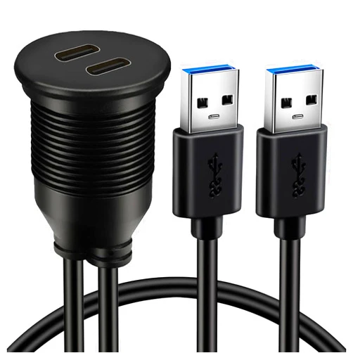 BATIGE Dual Port USB 3.0 Male to 2 Ports Type C 3.0 Female Car Flush Mount Cable USB C 3.0 Panel Mount Extension Cable for Car Truck Boat Motorcycle - 3ft