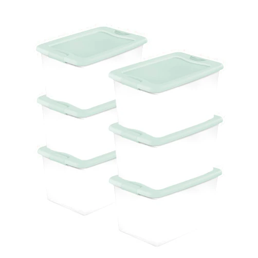 Sterilite 6 Pack Latching Box, Clear Plastic Stackable Storage Bin with Lid, 64 Quart, Mindful Mint
