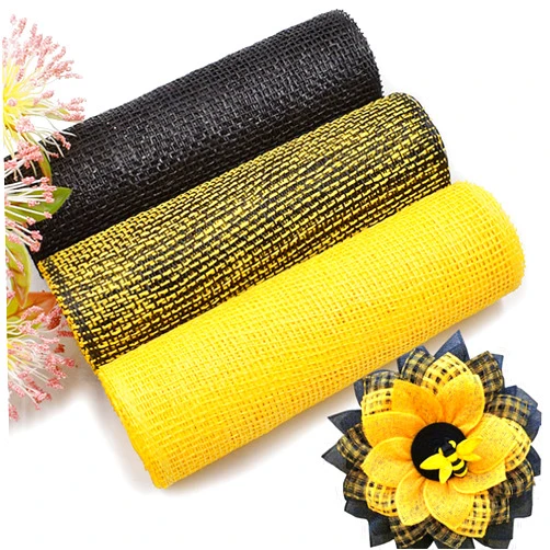 Chuangdi 3 Rolls Poly Burlap Deco Mesh -10 Inch Wide Deco Poly Decorative Mesh Ribbon Wrapping Ribbon Rolls for Home Door Wreath Decoration DIY Crafts Making (Black, Yellow, Black and Yellow)