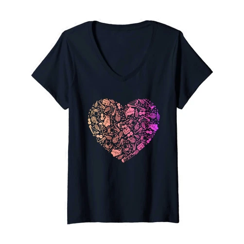 Love Music Gifts & Accessory Instruments Heart Womens Love Musical Instruments Outfit Notes Music Heart V-Neck T-Shirt