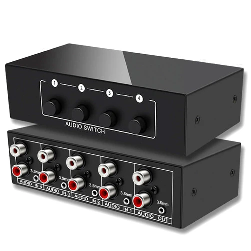 FlyroadUp 3.5mm Aux + RCA L/R Bi-Directional Stereo Audio Switch 4 in 1 out A/B Analog Audio Switcher Selector