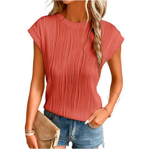 EVALESS Womens Short Sleeve Textured Tops Crewneck Knit Solid Loose Casual Basic T Shirts Tee Blouses