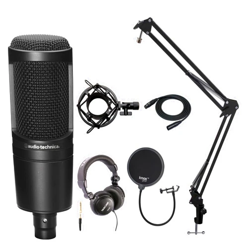 Audio-Technica AT2020 Condenser Studio Microphone with Studio Headphones, Knox Gear Pop Filter, Boom Arm, Shock Mount and XLR Cable