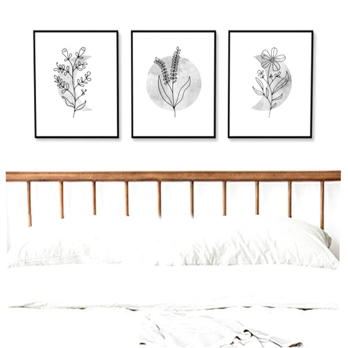 WCDHOR Moon Black And White, Botanical Line Art, Minimalist Flower Wall Art, Phases of Moon Wall Art, Boho Moon And Flowers, Galaxy Flower Line Art, Set of 3 Prints, 11x14inch Unframed