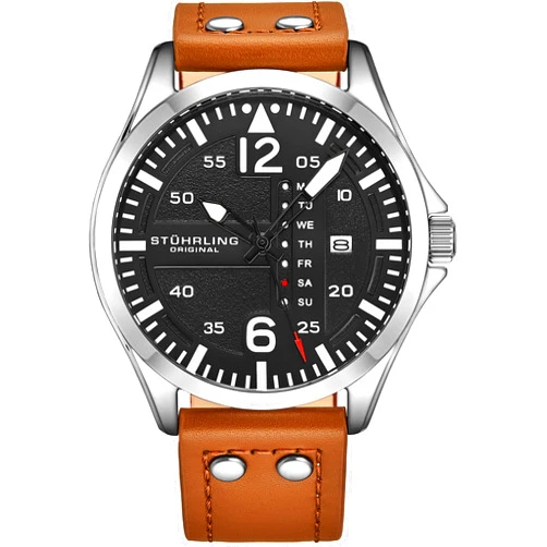 Stuhrling Original Mens Leather Watch -Aviation Watch, Quick-Set Day-Date Leather Band with Steel Rivets,